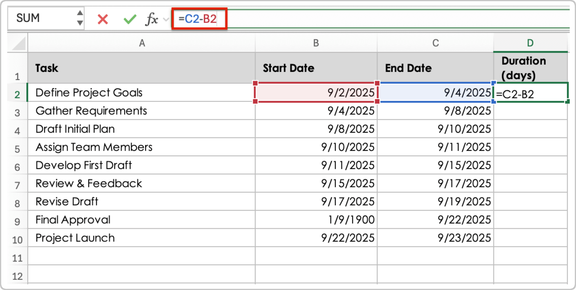 How To Build a Gantt Chart in Excel Enter Duration Formula