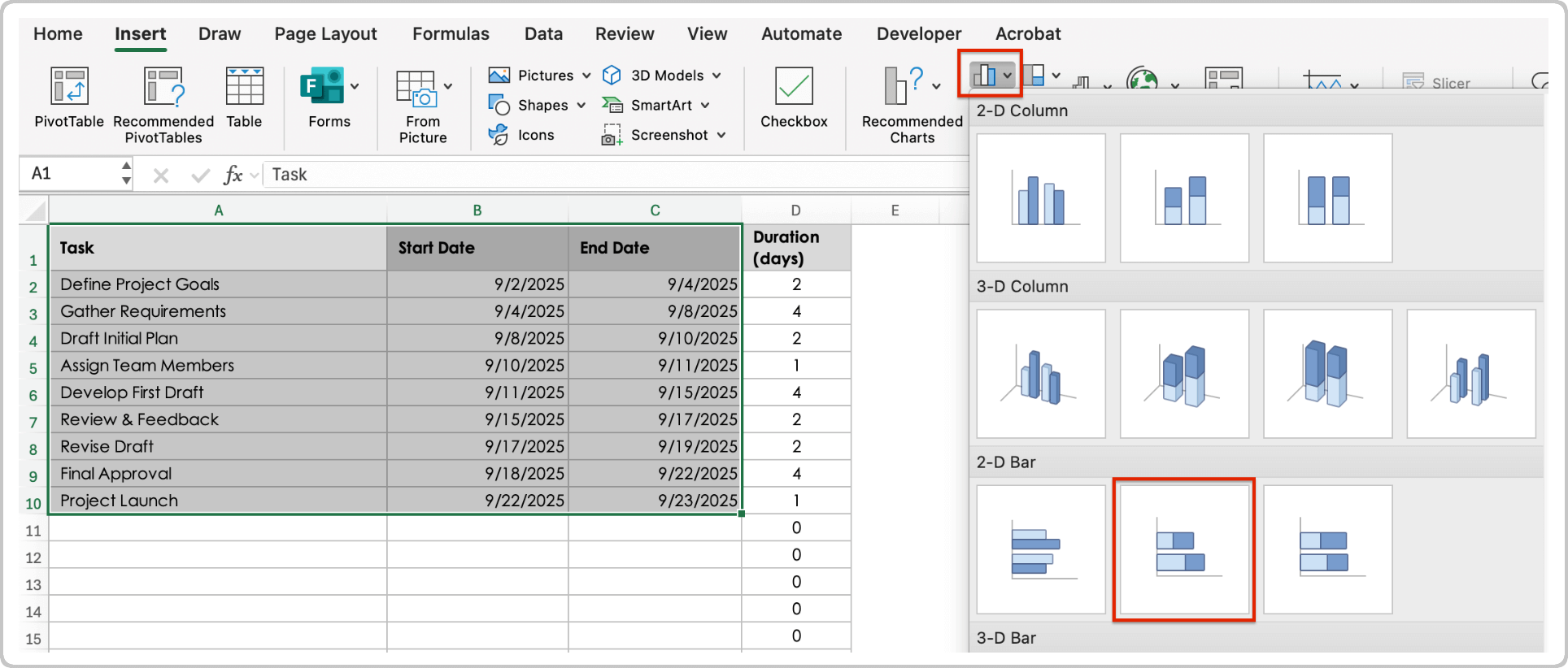 How To Build a Gantt Chart in Excel Select Stacked Bar Chart
