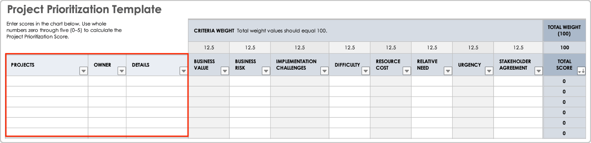 Project Prioritization Template Requirements Input