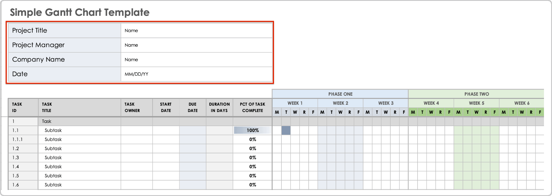 Simple Gantt Chart Template Enter Project Details