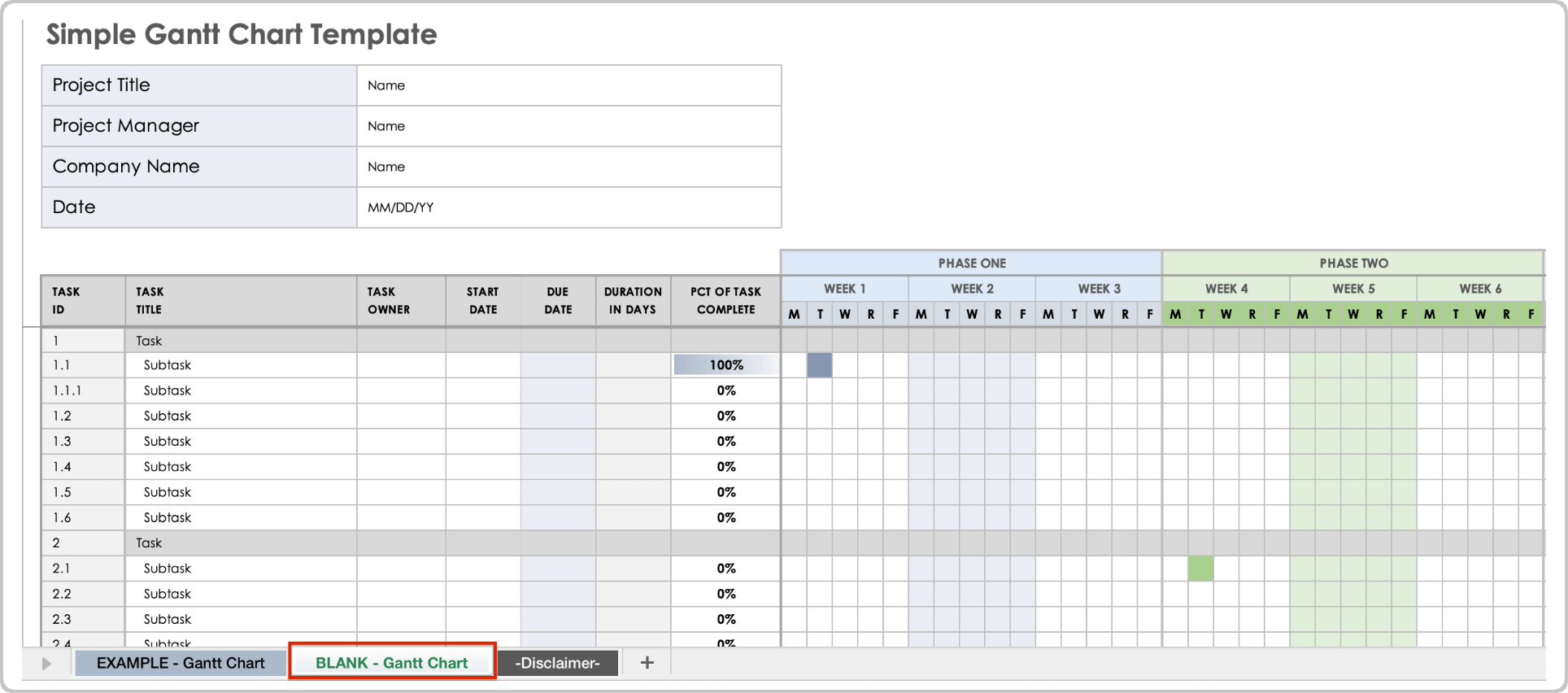 Simple Gantt Chart Template Open Blank Tab