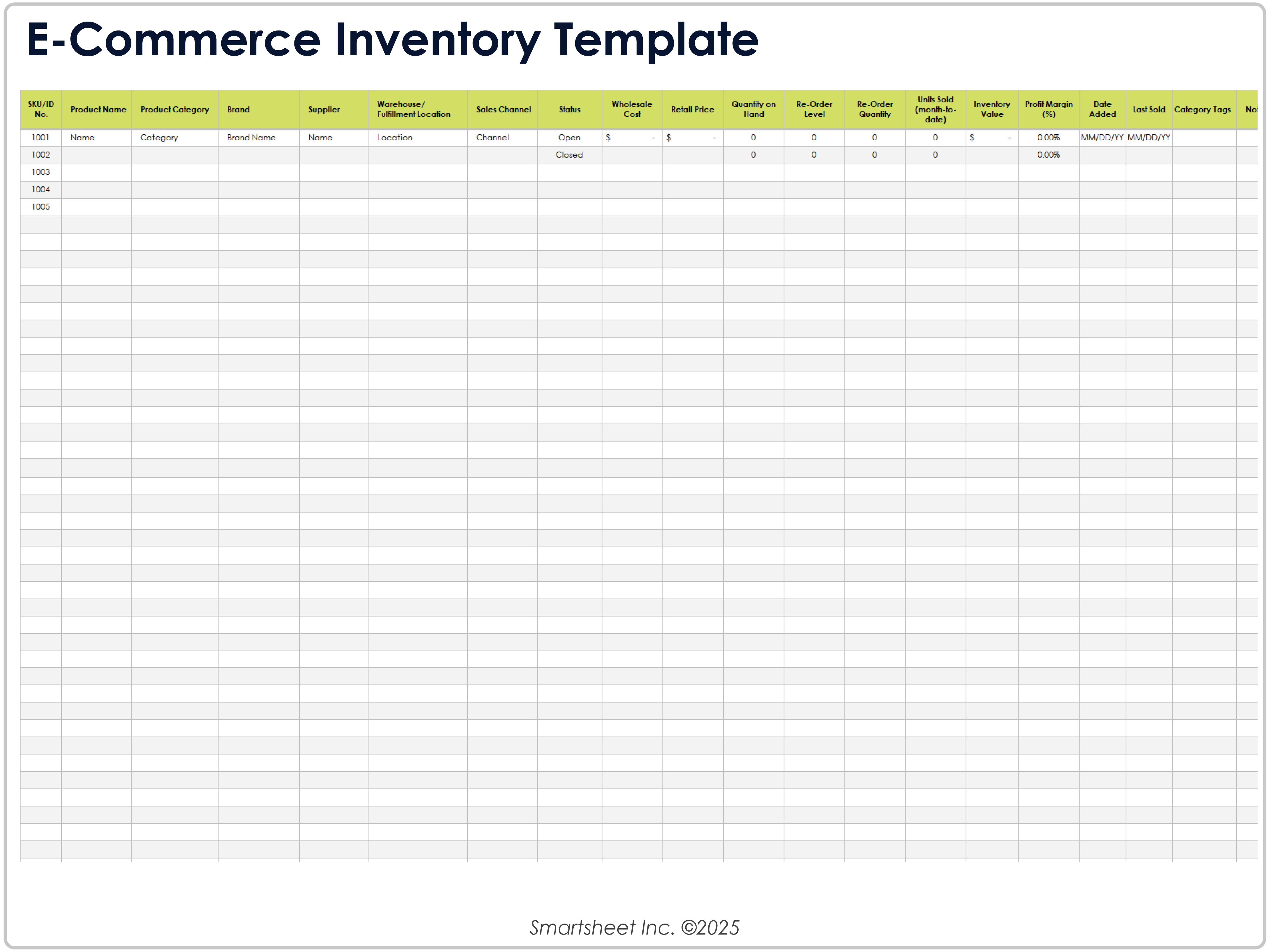 E Commerce Inventory Template