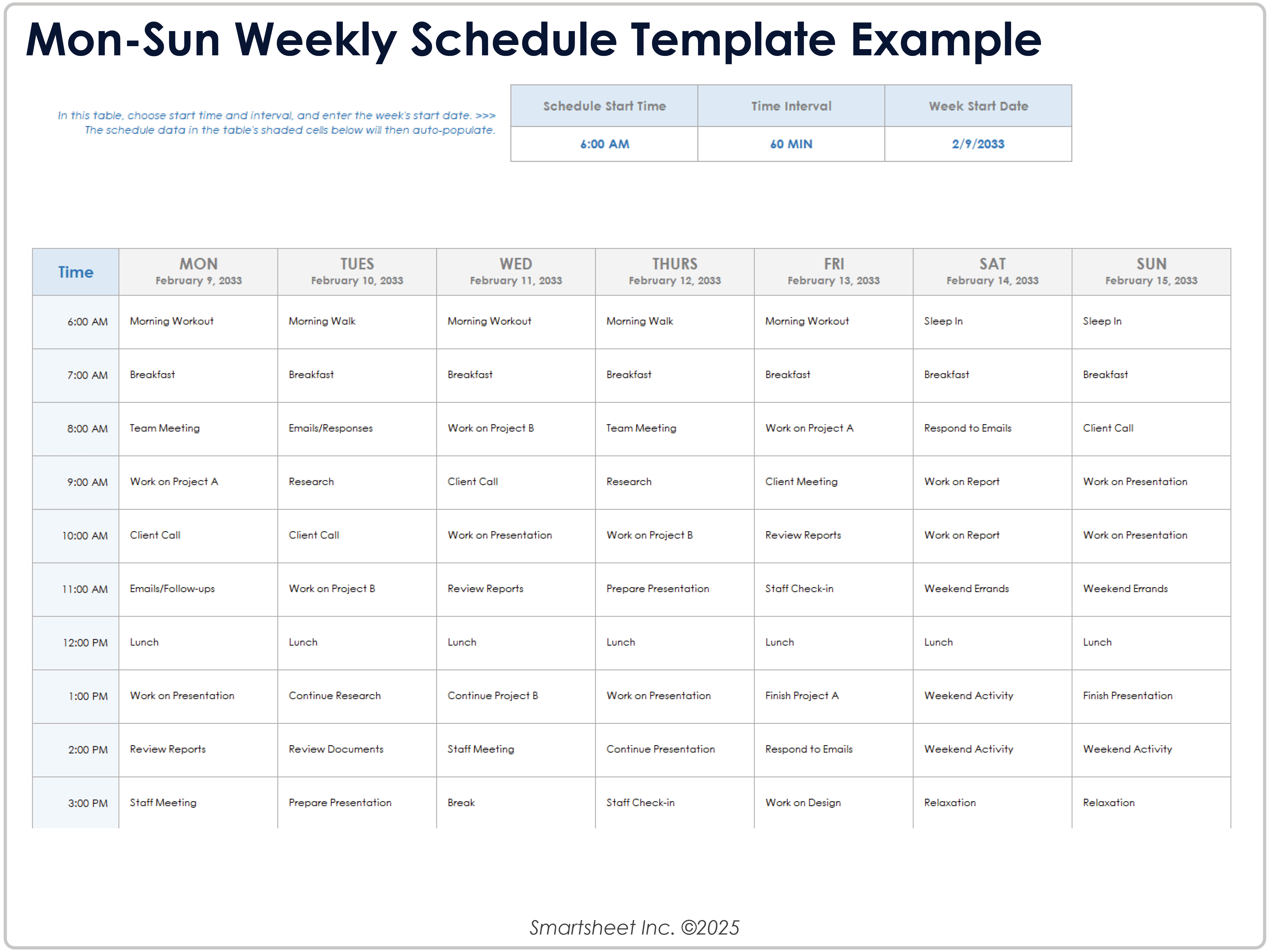 Mon Sun Weekly Schedule Template Example