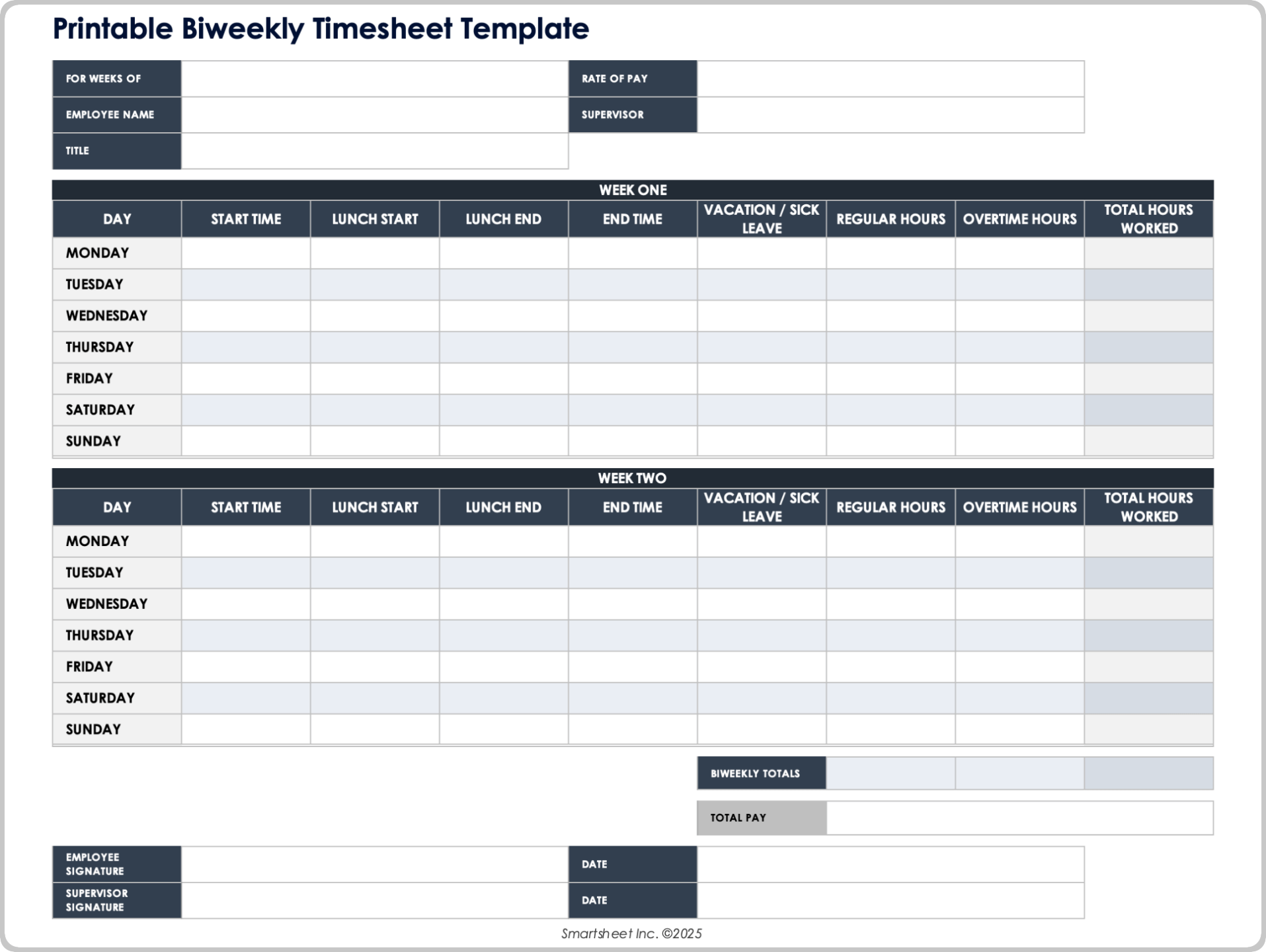Printable Biweekly Timesheet Template