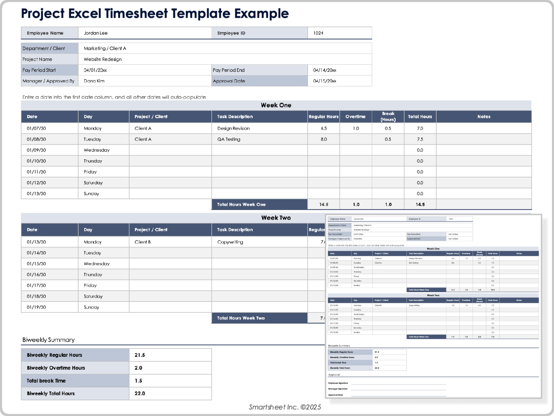 Project Excel Timesheet Template Example