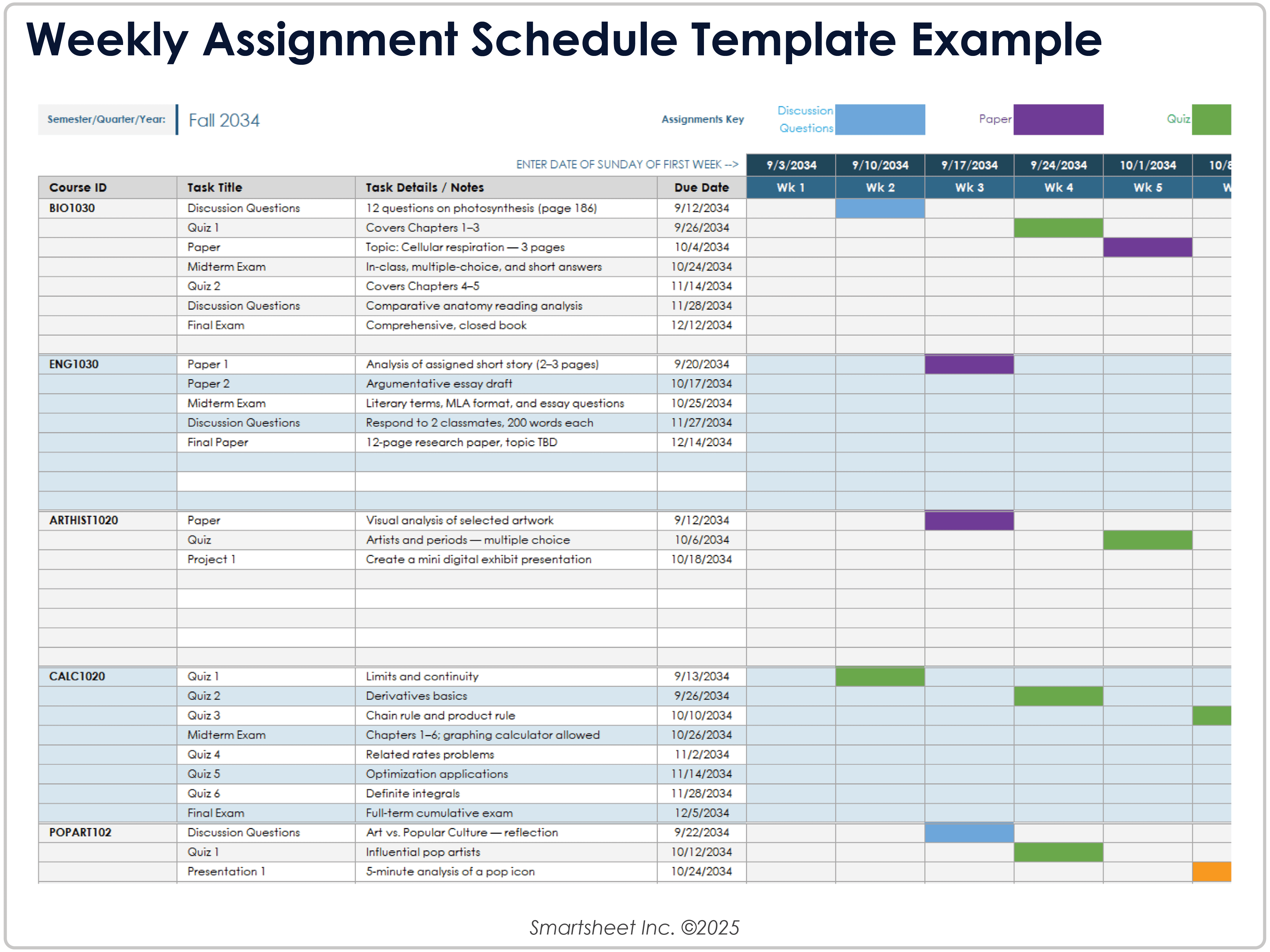 Weekly Assignment Schedule Template