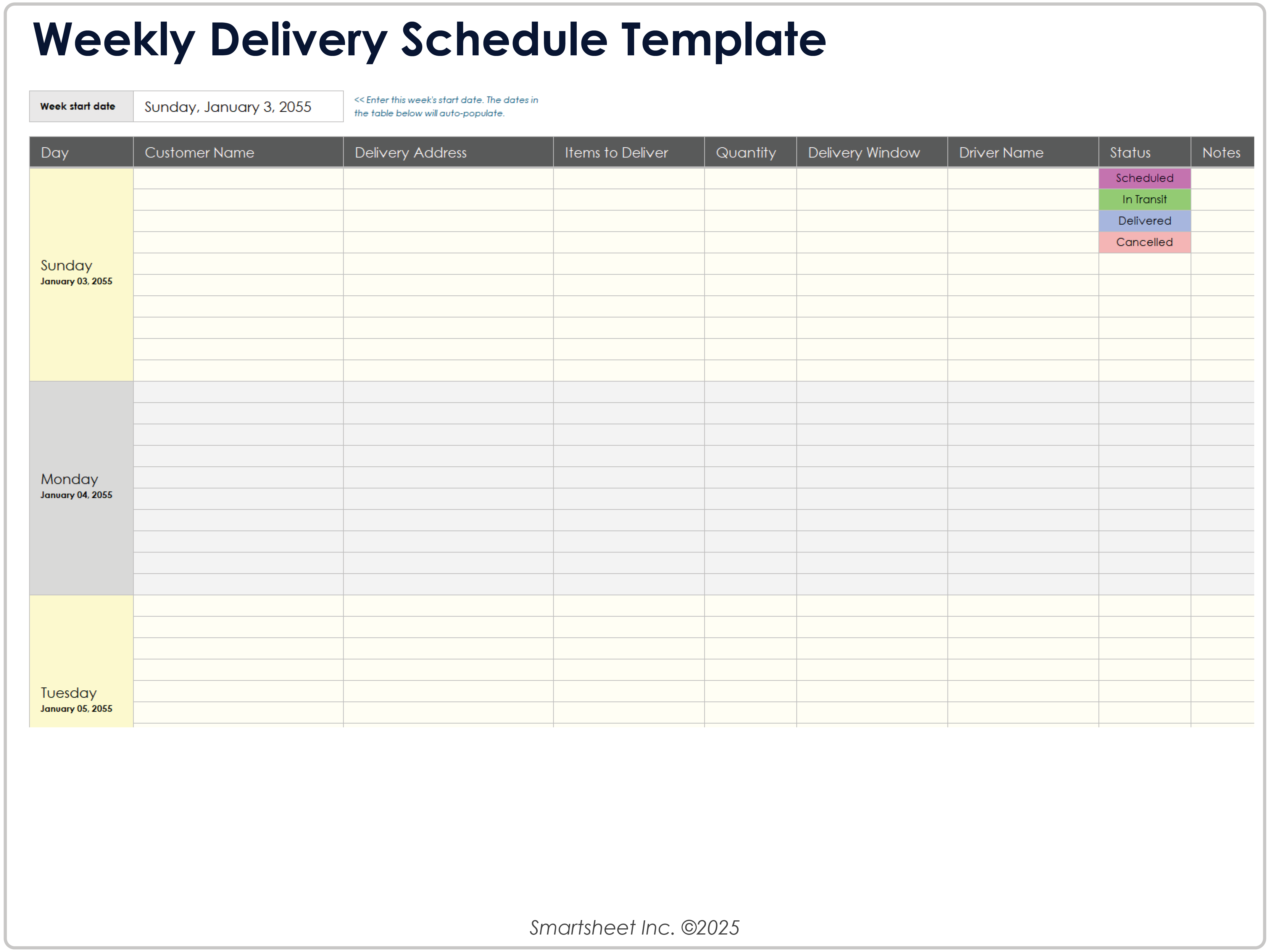Weekly Delivery Schedule Template