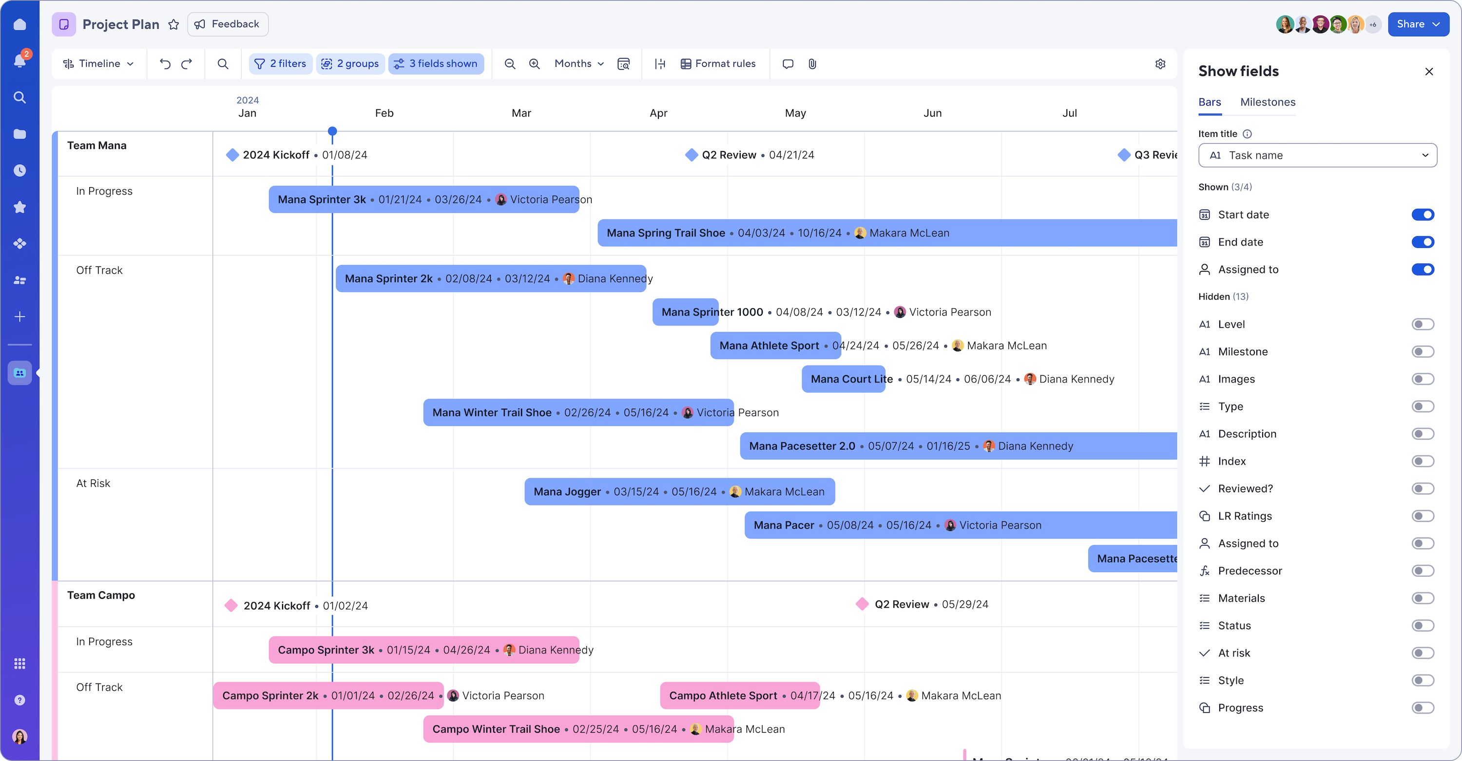 Smartsheet project plan using Timeline view showing fields