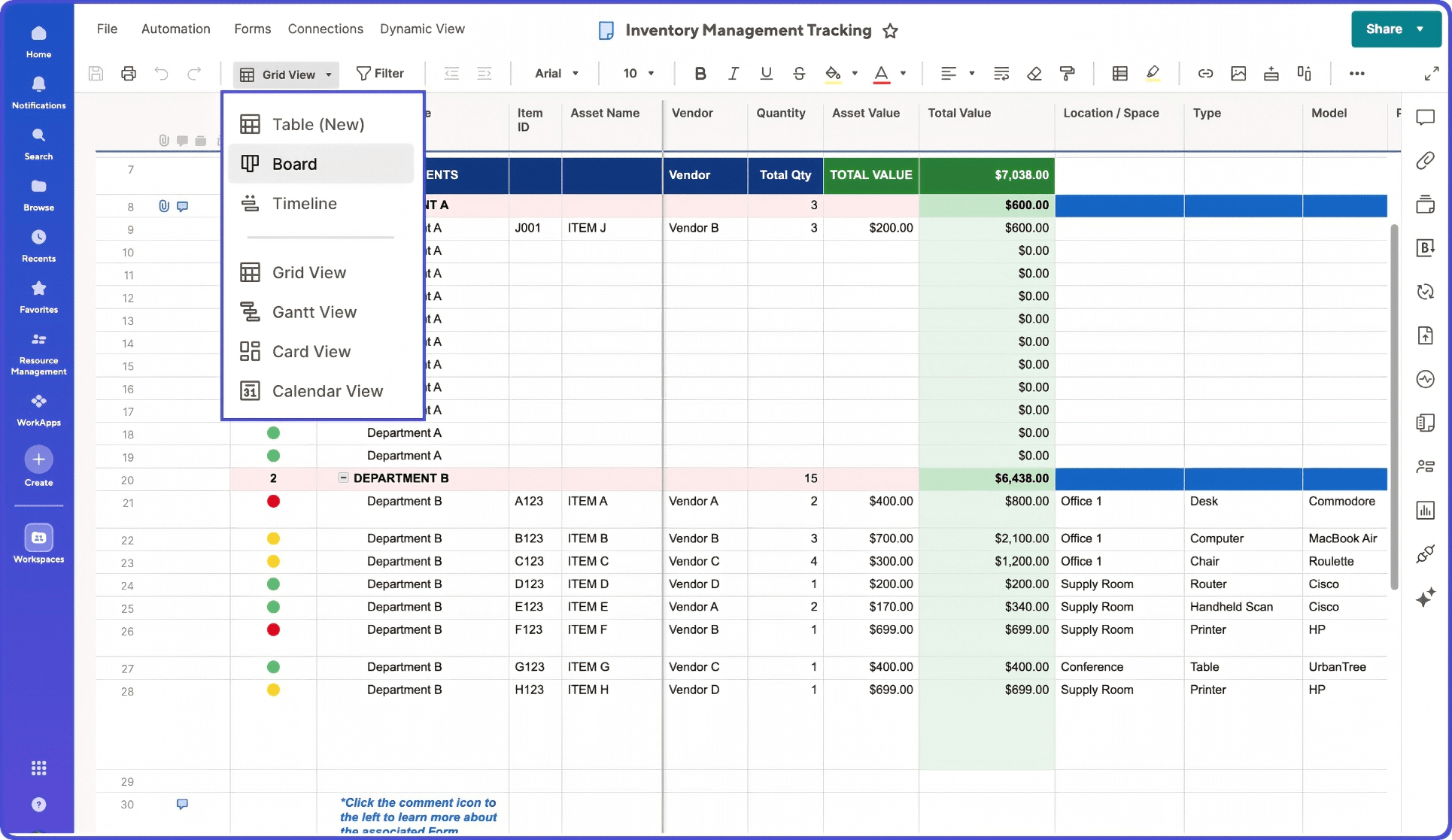 inventory management tracking in Smartsheet showing multiple views options