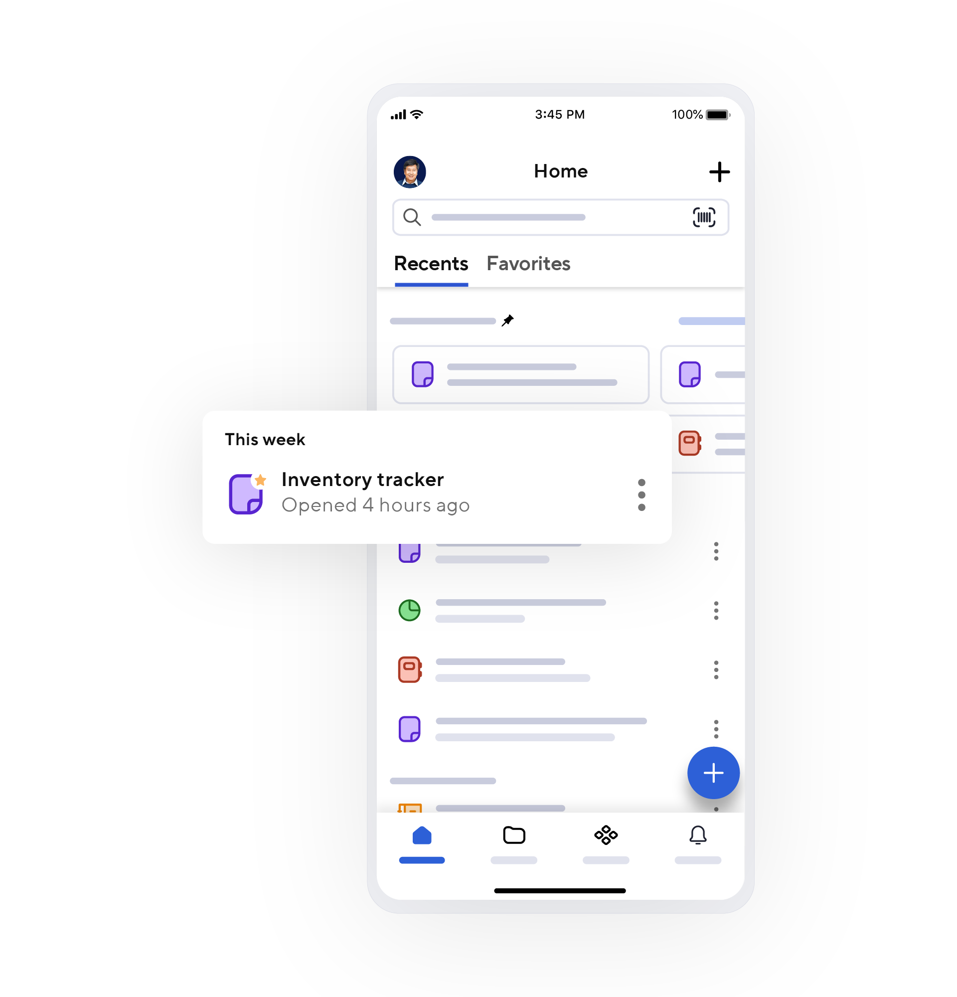 View of Smartsheet mobile app showing showing an inventory tracker sheet