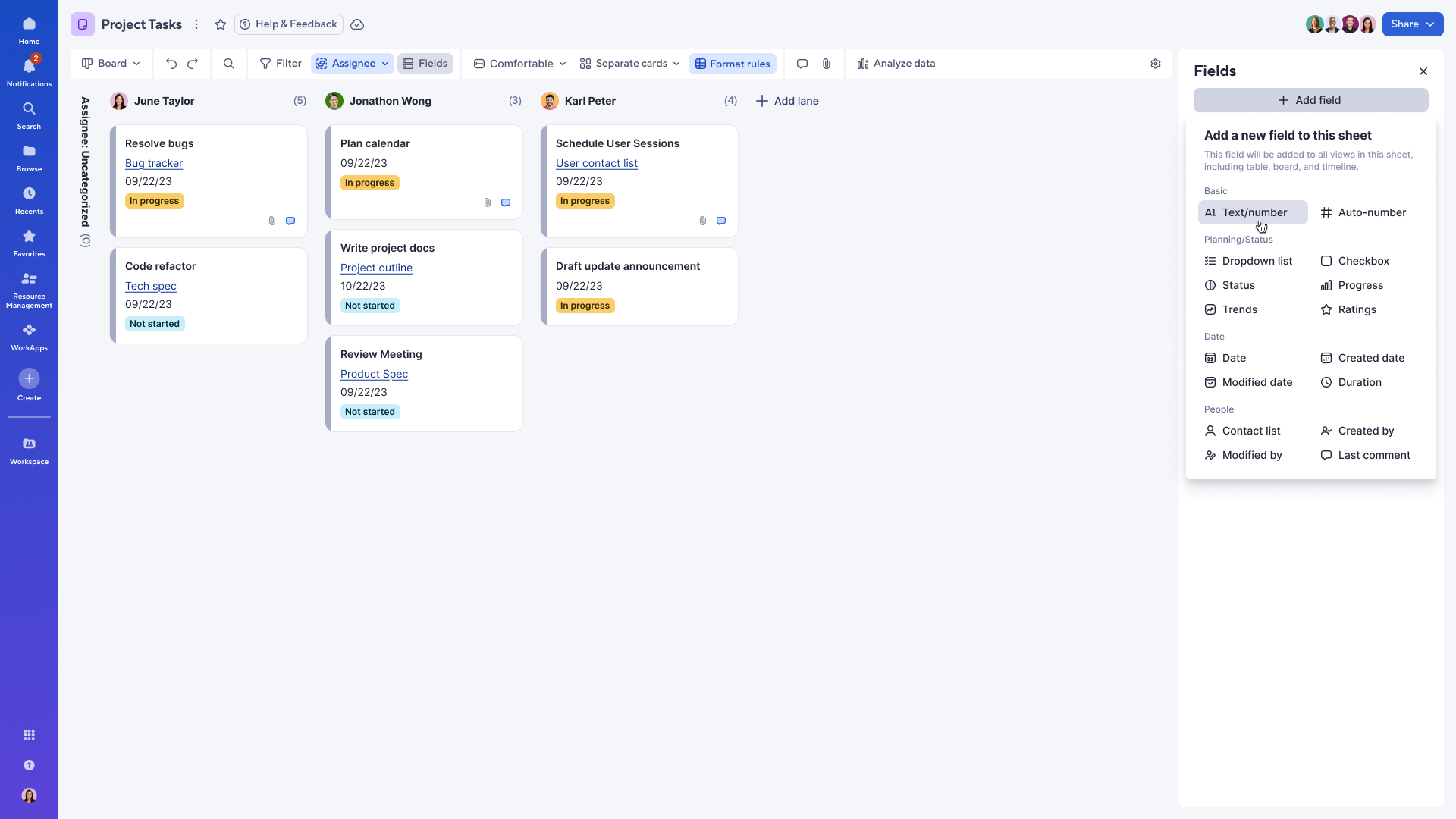 Create and manage fields in board view