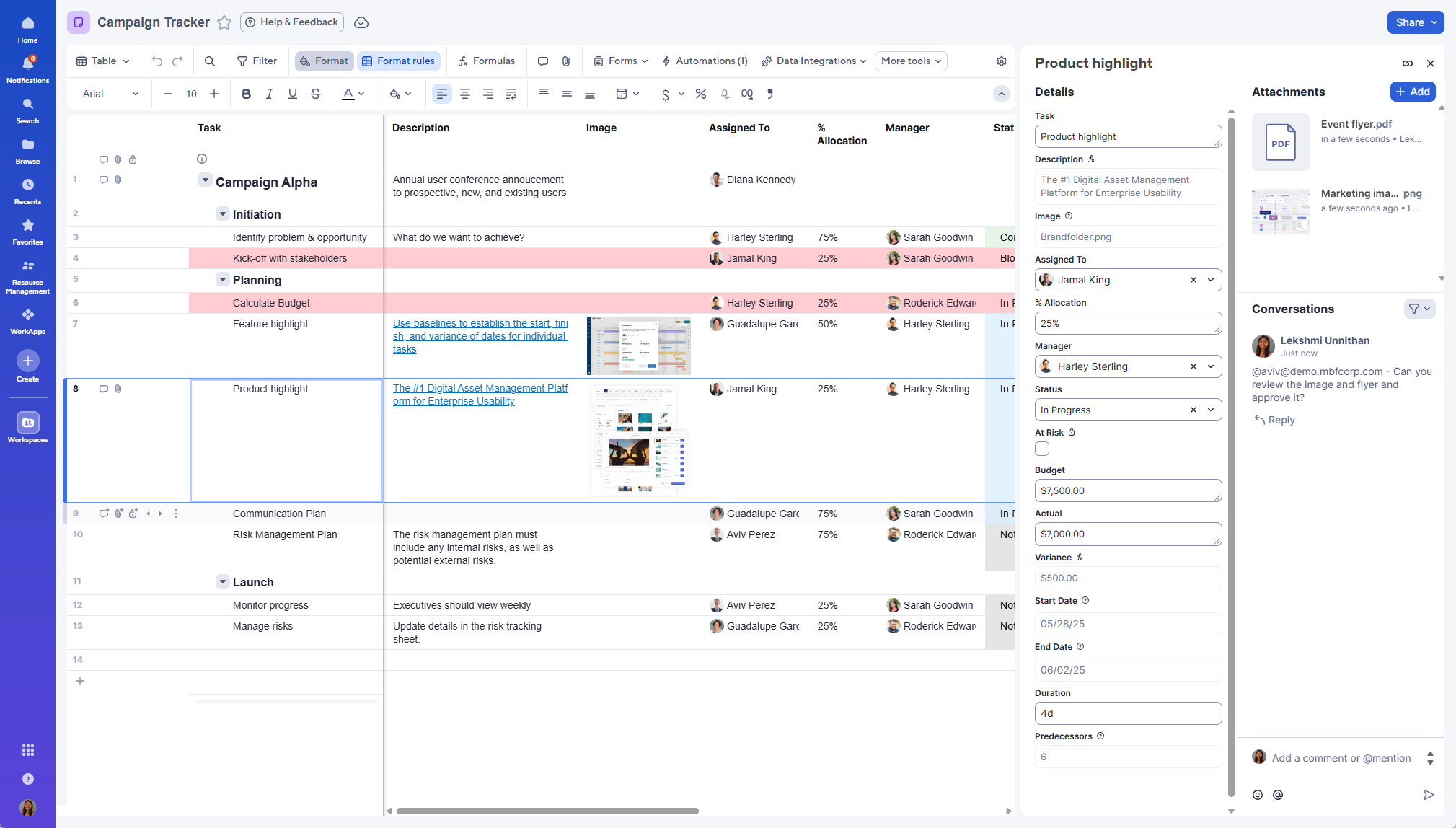 Expanded row details, attachments, and conversations in table view