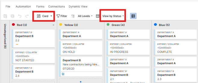 Smartsheet card view and view by status options