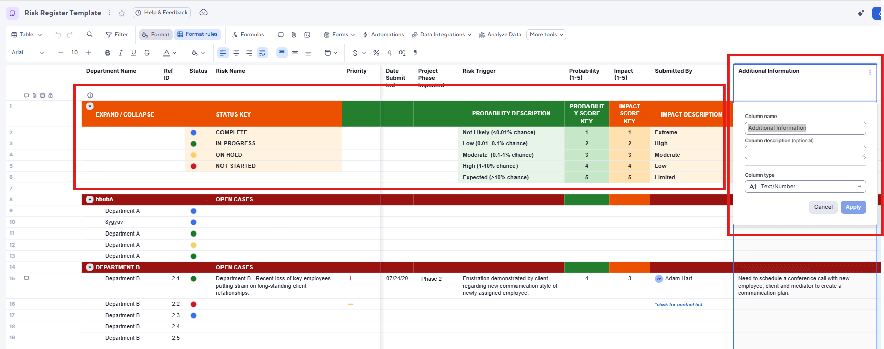 Risk Register Template highlighting the reference section that defines how values such as Status, Probability, and Impact are interpreted