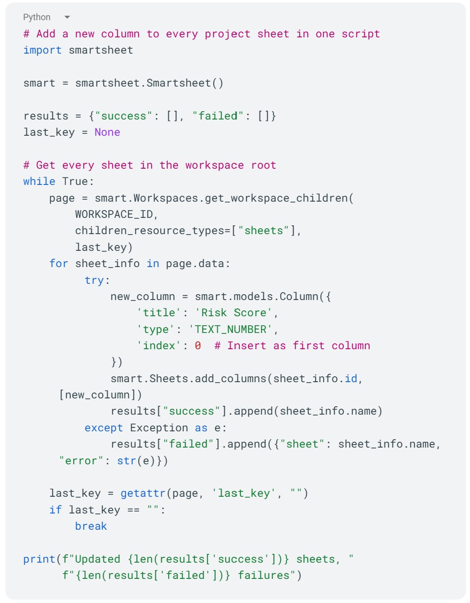 Example of bulk operations code
