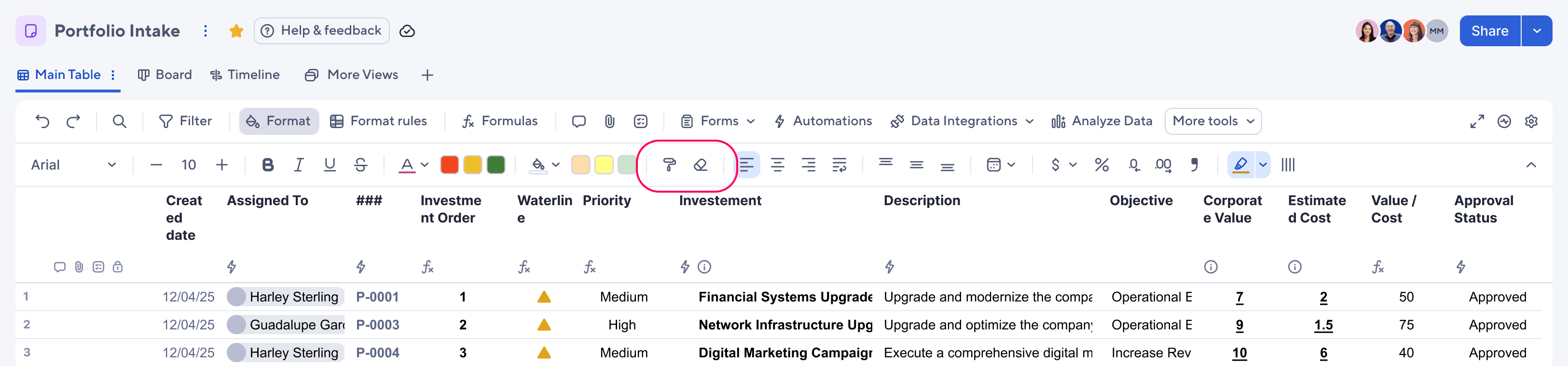 Format painter and clear formatting tools in table view