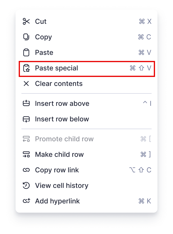 paste special option in row menu