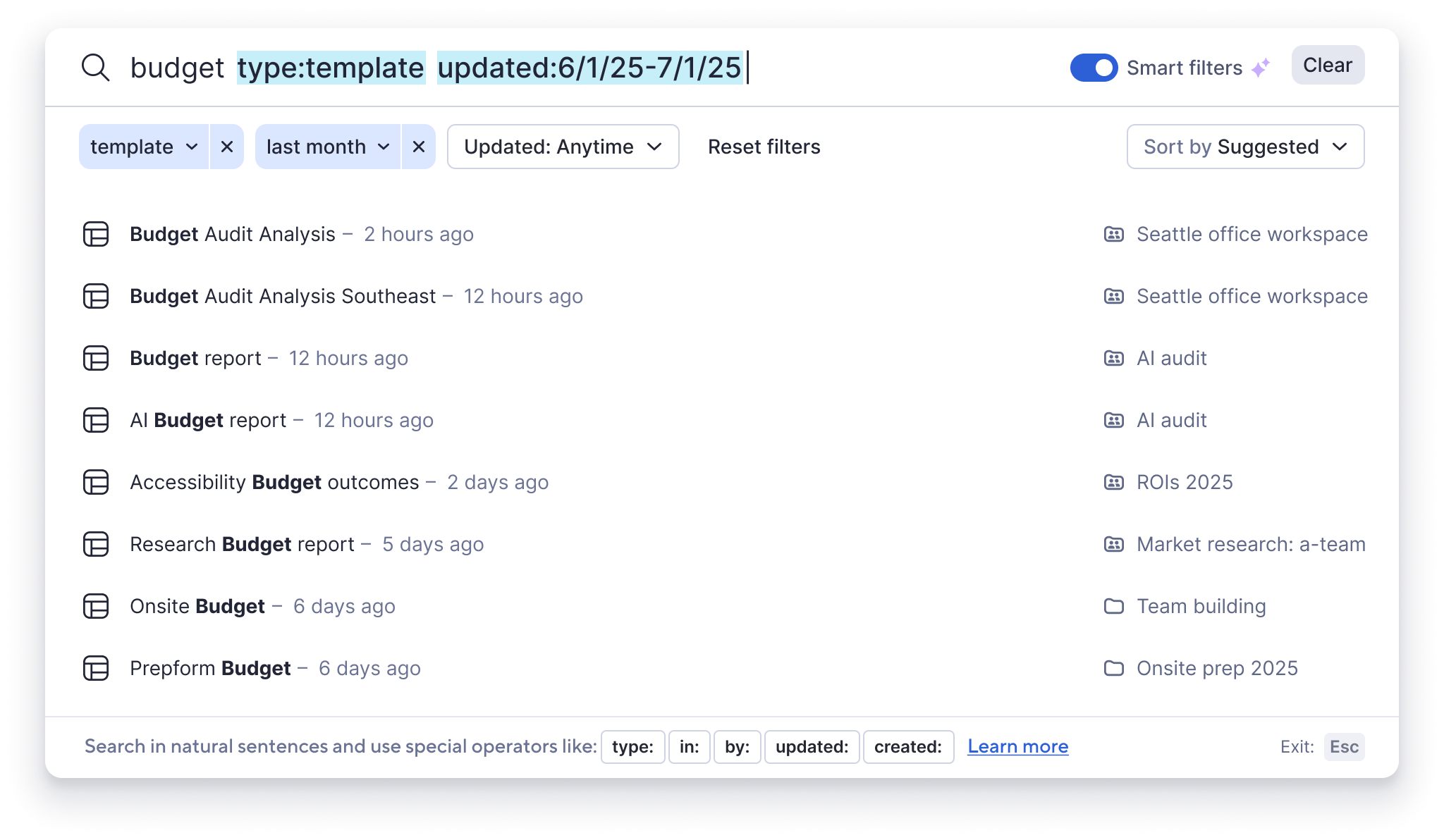 Screenshot of natural language filtering in search