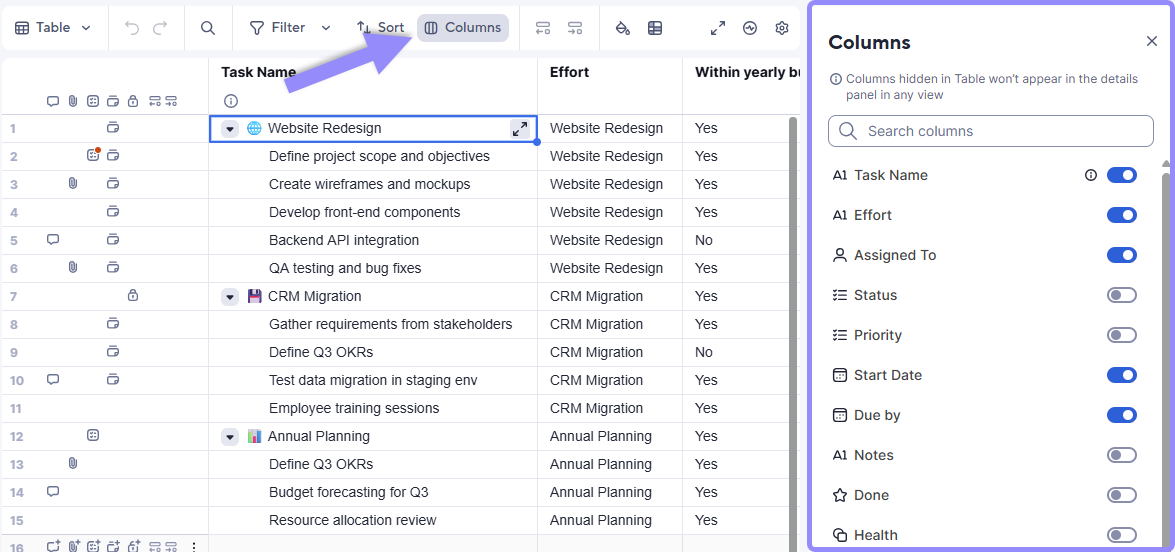 Column visibility manager option in table view