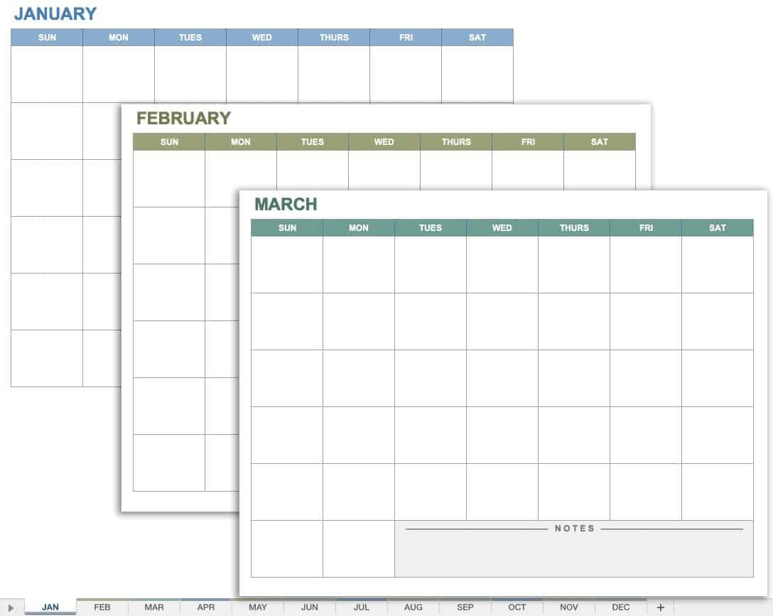 Any Year 12-Month Calendar Template