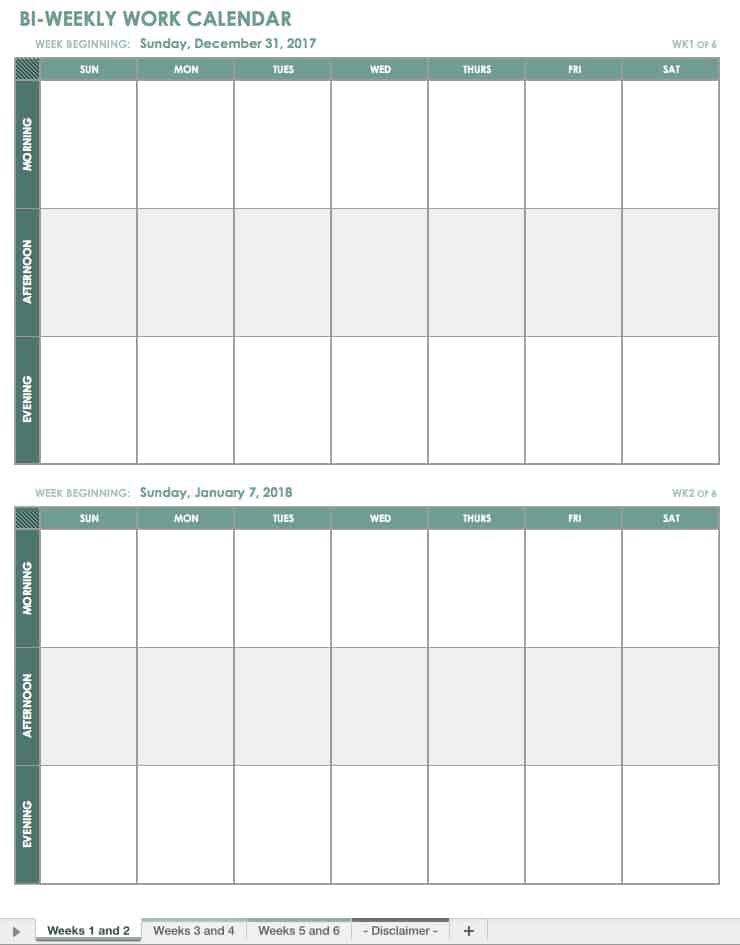 Bi Weekly Calendar Printable