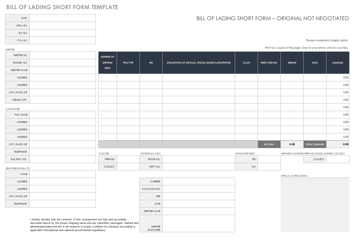 Free Bill Of Lading Templates Smartsheet