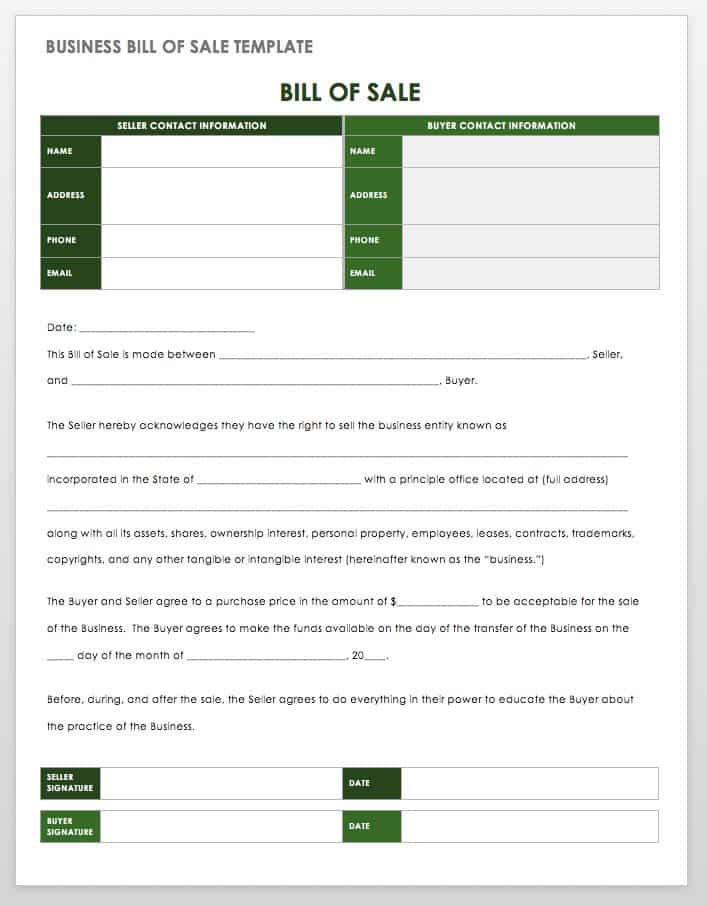 Small Business Bill Of Sale Template