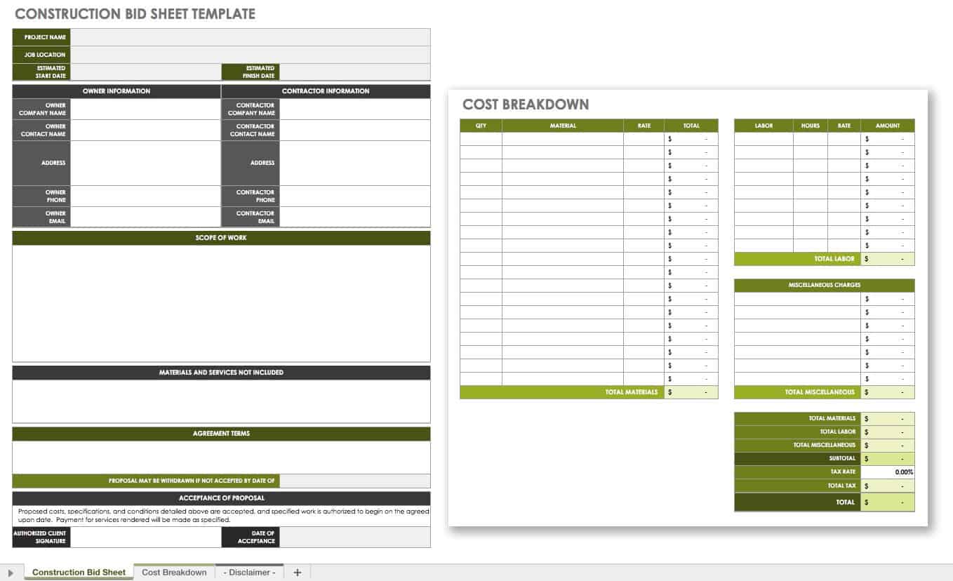 Construction Bid Template Excel   IC Construction Bid Sheet Template 