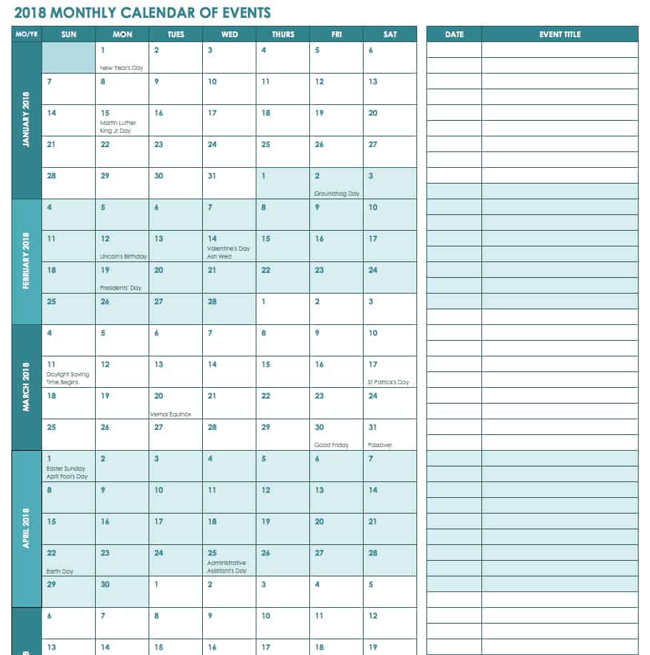 Free Monthly Calendar Templates Smartsheet