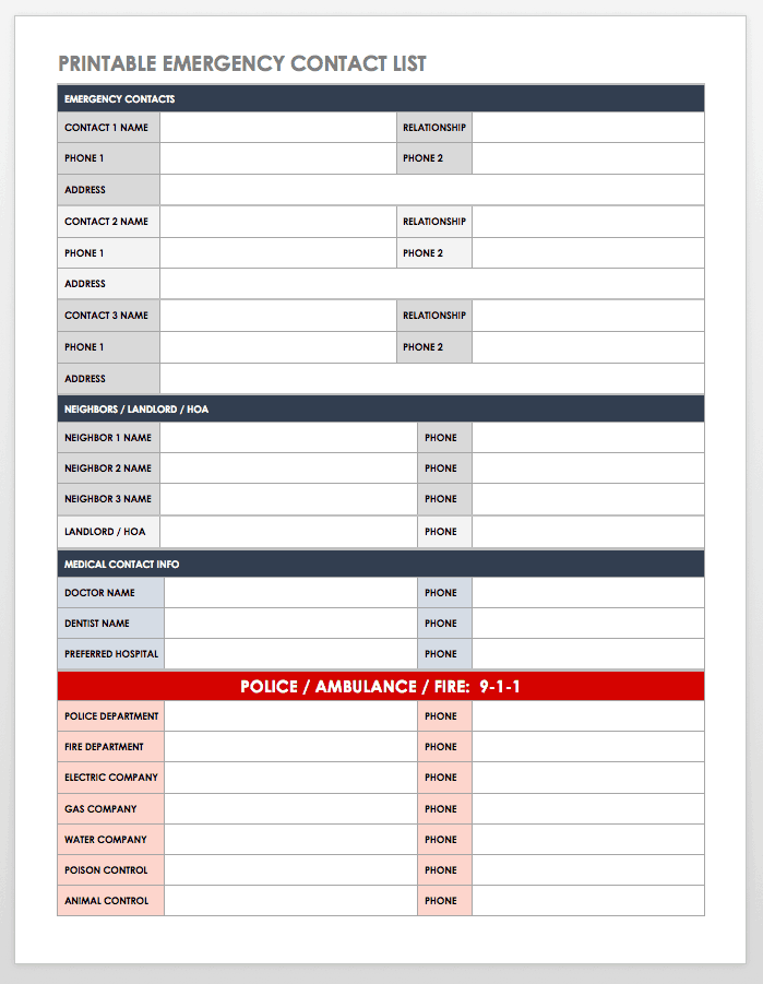 Printable Emergency Contact Numbers