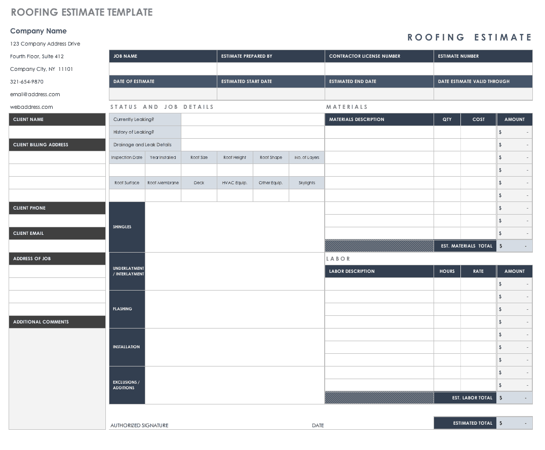 Roof Estimate Excel Template