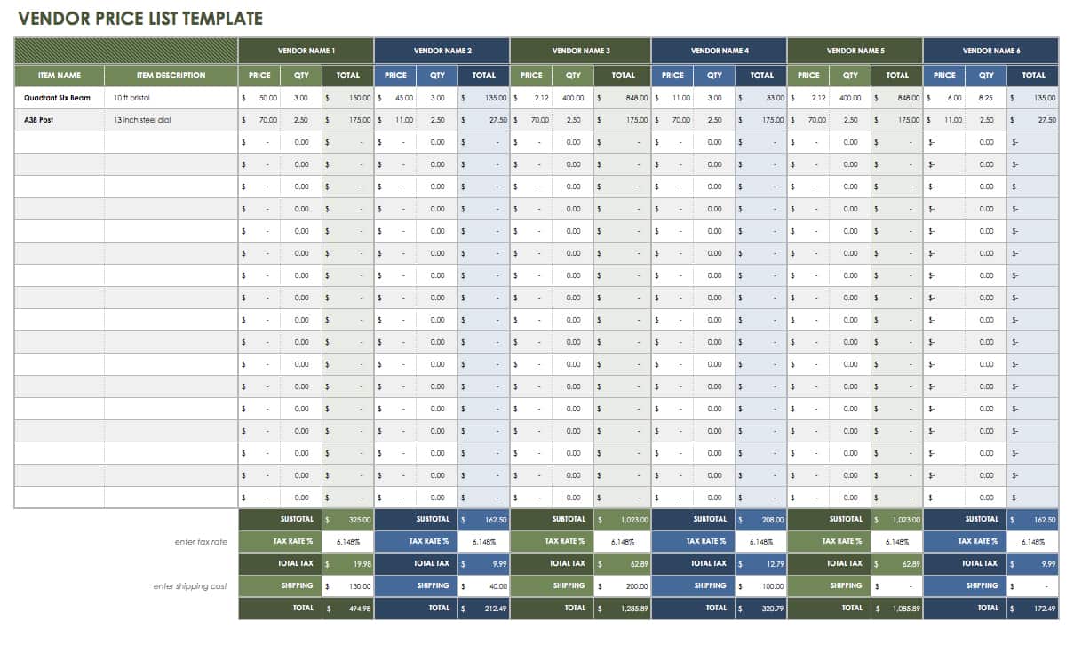 Vendor Price List Template