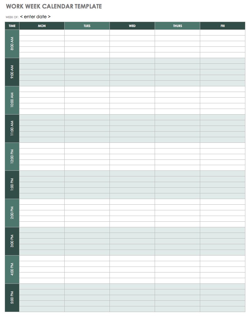 Monthly Work Week Calendar Template