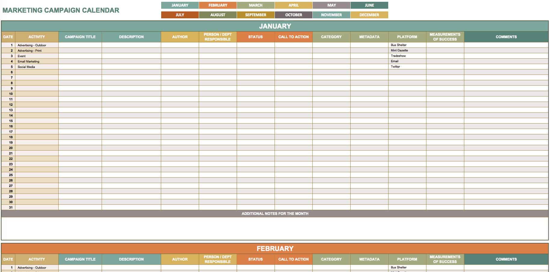 Email Marketing Calendar Template Excel