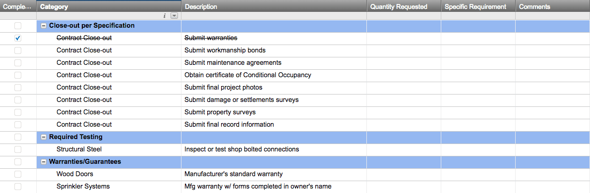 A spreadsheet template for construction closeout checklists.