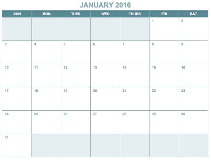 Download 2016 Blank Monthly Calendar Template landscape
