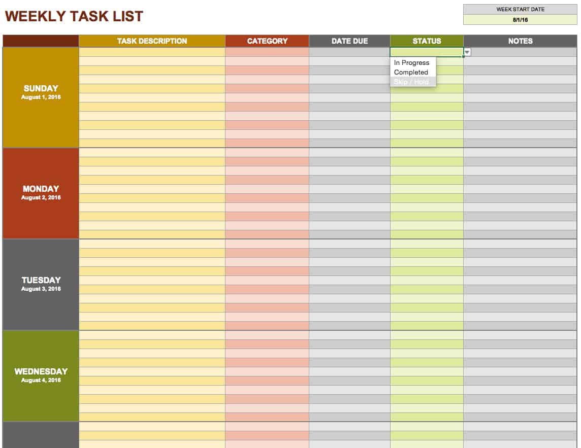 excel calendar task list