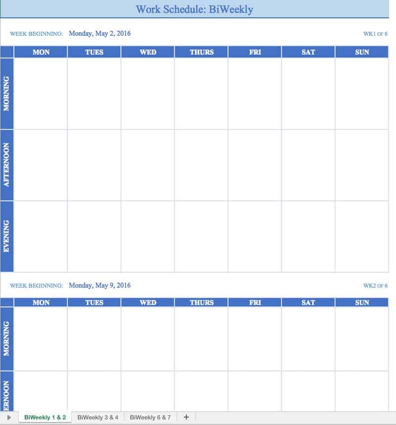 free work schedule template for 2018