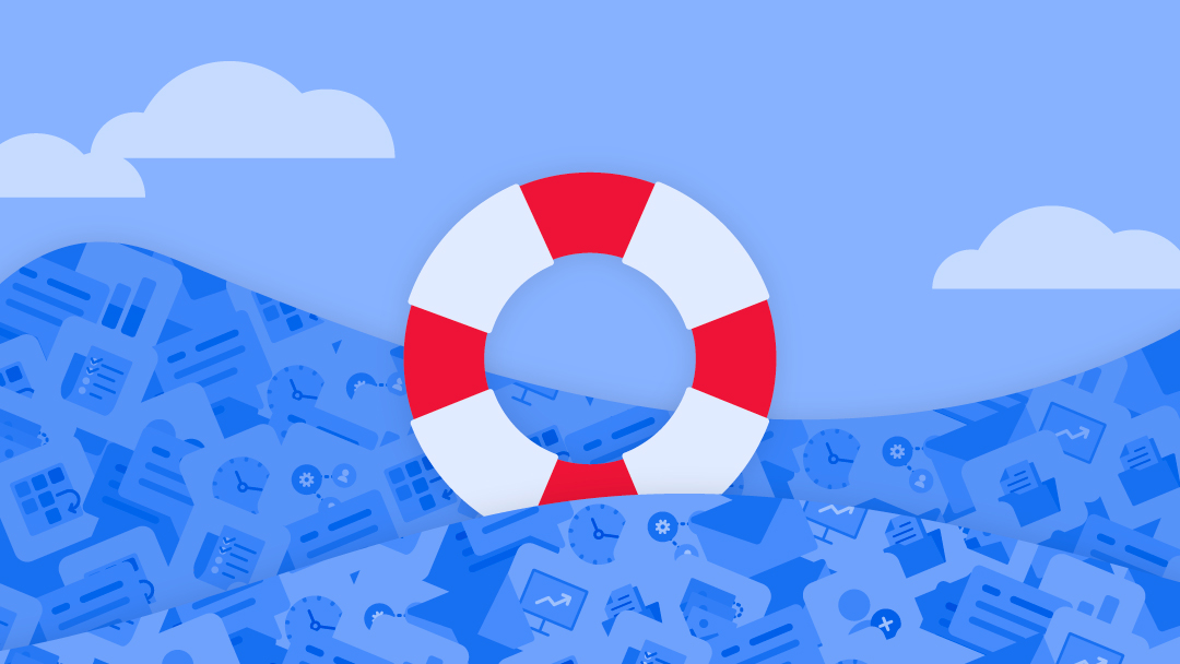 An ocean made out of work-related tasks with a life saver in the middle