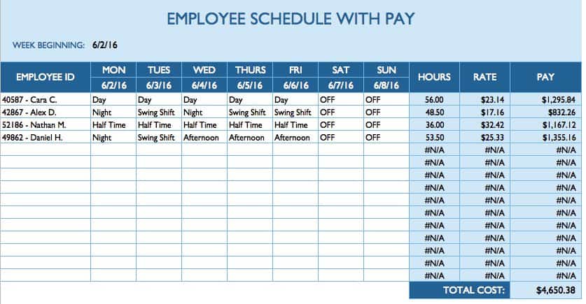 microsoft excel daily work schedule template