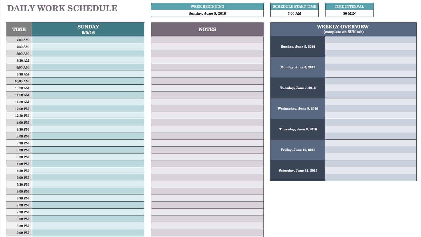 excel daily schedule template