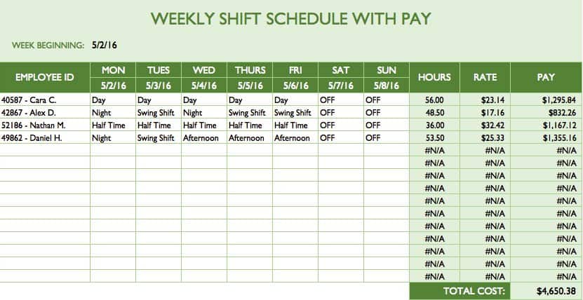 weekly work schedule template word