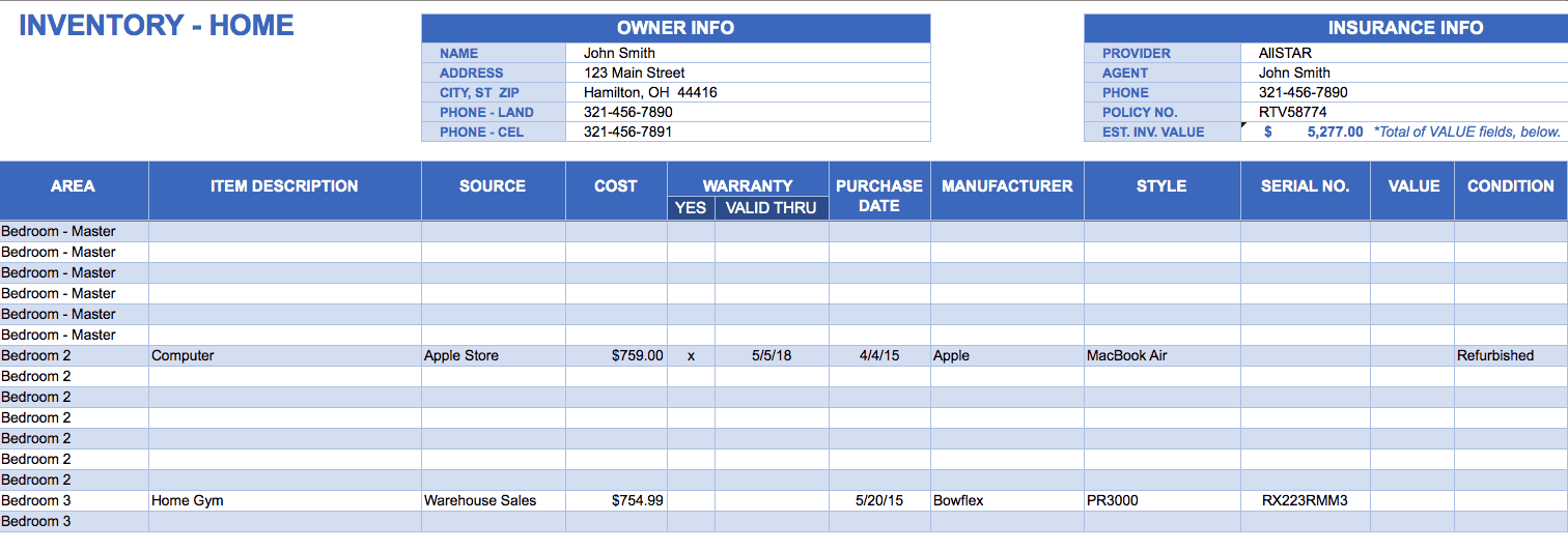 excel template for home inventory