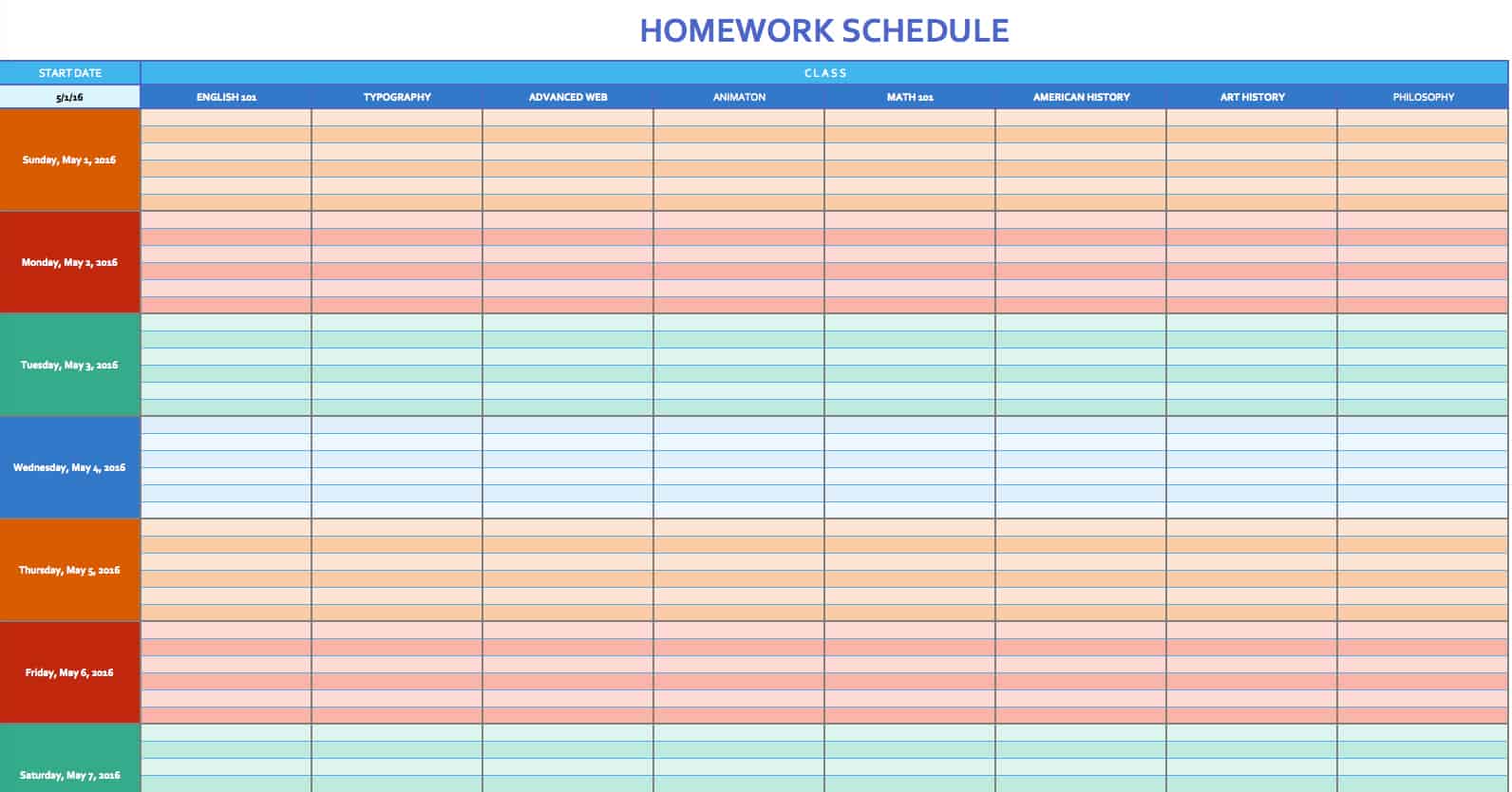 Printable calendar homework