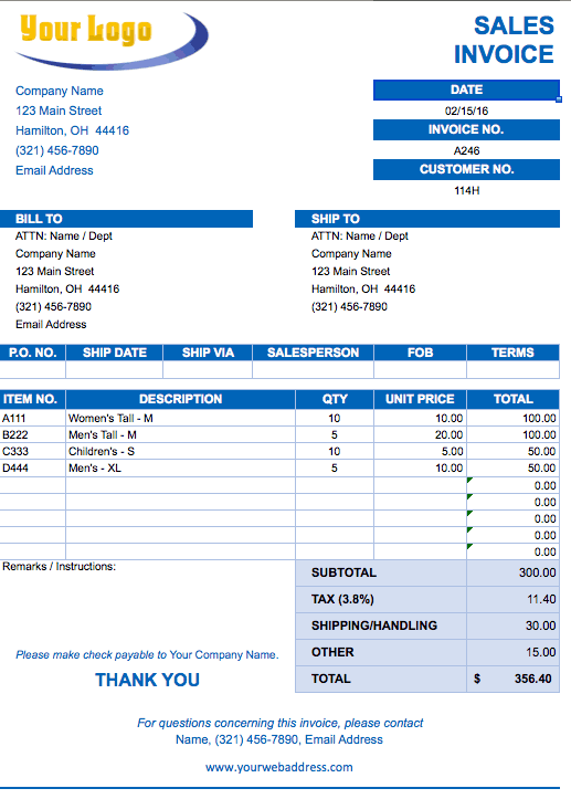 excel commercial invoice template free download