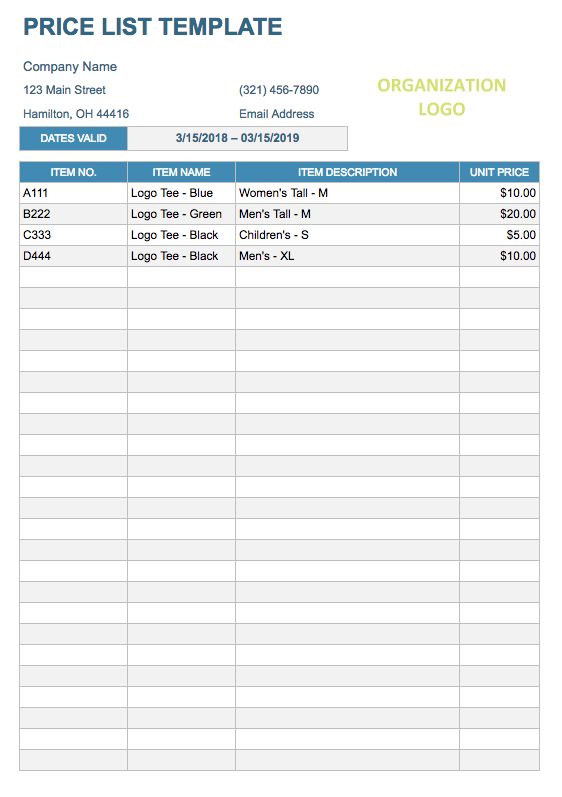 Price List Template Google Docs