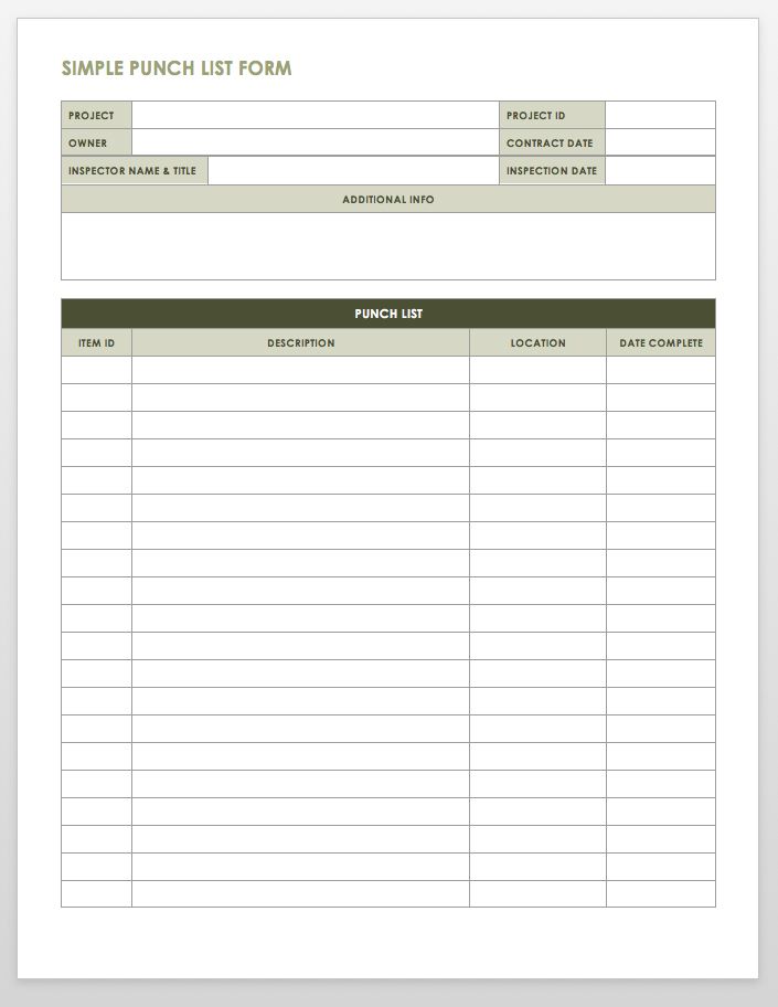 Punch List Template Excel