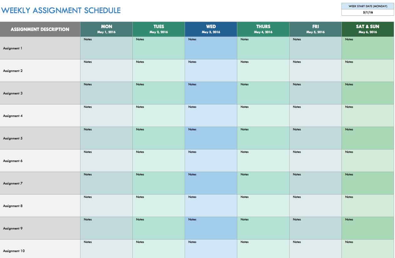 weekly work assignment template excel